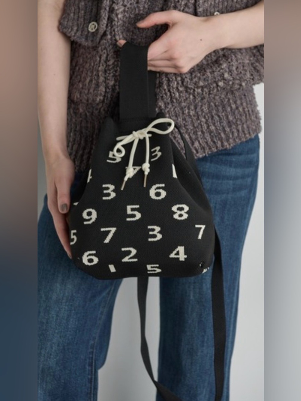 Crochet Knitted Drawstring Bucket Bag | Jacquard Number Pattern